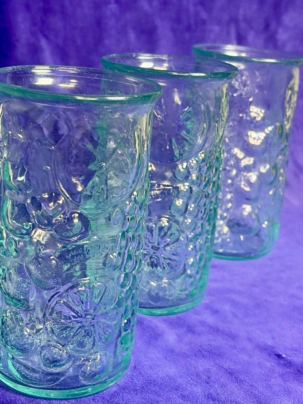 3 Vintage Italian Green Glass Tumblers Fruit Embossed Made in Italy 6"